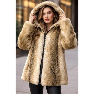 Vintage El Encore Faux Fur Hooded Coat Brown Tan Wolf Coyote Print Zip Jacket